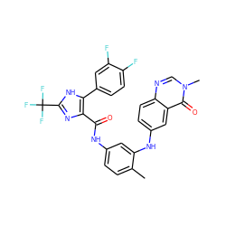 Cc1ccc(NC(=O)c2nc(C(F)(F)F)[nH]c2-c2ccc(F)c(F)c2)cc1Nc1ccc2ncn(C)c(=O)c2c1 ZINC000049746809