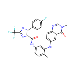 Cc1ccc(NC(=O)c2nc(C(F)(F)F)[nH]c2-c2ccc(F)cc2)cc1Nc1ccc2ncn(C)c(=O)c2c1 ZINC000049756000