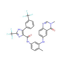 Cc1ccc(NC(=O)c2nc(C(F)(F)F)[nH]c2-c2cccc(C(F)(F)F)c2)cc1Nc1ccc2ncn(C)c(=O)c2c1 ZINC000049757329