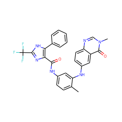 Cc1ccc(NC(=O)c2nc(C(F)(F)F)[nH]c2-c2ccccc2)cc1Nc1ccc2ncn(C)c(=O)c2c1 ZINC000045338412