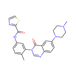 Cc1ccc(NC(=O)c2nccs2)cc1-n1cnc2ccc(N3CCN(C)CC3)cc2c1=O ZINC000084653222