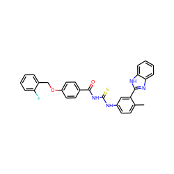 Cc1ccc(NC(=S)NC(=O)c2ccc(OCc3ccccc3F)cc2)cc1-c1nc2ccccc2[nH]1 ZINC000653790055