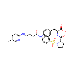 Cc1ccc(NCCCC(=O)Nc2ccc(C[C@H](NC(=O)[C@@H]3CCCN3S(=O)(=O)c3ccccc3)C(=O)O)cc2)nc1 ZINC001772612428