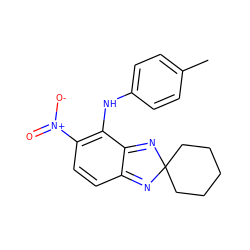 Cc1ccc(Nc2c([N+](=O)[O-])ccc3c2=NC2(CCCCC2)N=3)cc1 ZINC000100498632