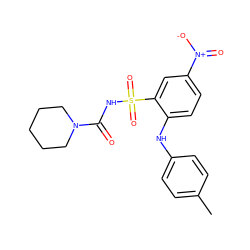 Cc1ccc(Nc2ccc([N+](=O)[O-])cc2S(=O)(=O)NC(=O)N2CCCCC2)cc1 ZINC000035997548