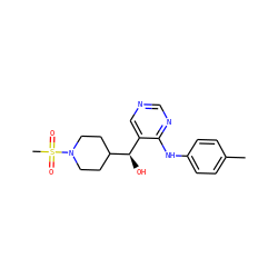Cc1ccc(Nc2ncncc2[C@@H](O)C2CCN(S(C)(=O)=O)CC2)cc1 ZINC001772640822