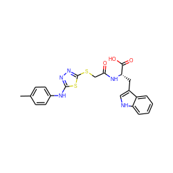 Cc1ccc(Nc2nnc(SCC(=O)N[C@@H](Cc3c[nH]c4ccccc34)C(=O)O)s2)cc1 ZINC000002633018