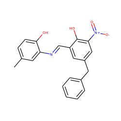 Cc1ccc(O)c(/N=C/c2cc(Cc3ccccc3)cc([N+](=O)[O-])c2O)c1 ZINC000004592698