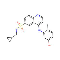 Cc1ccc(O)cc1Nc1ccnc2ccc(S(=O)(=O)NCC3CC3)cc12 ZINC000028823957