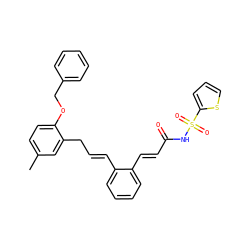 Cc1ccc(OCc2ccccc2)c(C/C=C/c2ccccc2/C=C/C(=O)NS(=O)(=O)c2cccs2)c1 ZINC000036349305