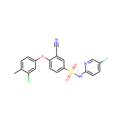 Cc1ccc(Oc2ccc(S(=O)(=O)Nc3ccc(F)cn3)cc2C#N)cc1Cl ZINC000473198633