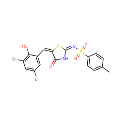 Cc1ccc(S(=O)(=O)/N=C2\NC(=O)/C(=C\c3cc(Br)cc(Br)c3O)S2)cc1 ZINC000008445551