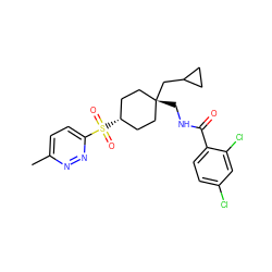 Cc1ccc(S(=O)(=O)[C@H]2CC[C@@](CNC(=O)c3ccc(Cl)cc3Cl)(CC3CC3)CC2)nn1 ZINC000101536299