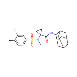 Cc1ccc(S(=O)(=O)N(C)C2(C(=O)NC3C4CC5CC(C4)CC3C5)CC2)cc1F ZINC000653780332