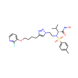 Cc1ccc(S(=O)(=O)N(CCn2cc(CCCCOc3cccnc3F)nn2)[C@@H](C(=O)NO)C(C)C)cc1 ZINC000096934267