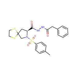 Cc1ccc(S(=O)(=O)N2CC3(C[C@H]2C(=O)NNC(=O)Cc2ccccc2)SCCS3)cc1 ZINC000103249760