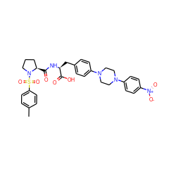 Cc1ccc(S(=O)(=O)N2CCC[C@H]2C(=O)N[C@@H](Cc2ccc(N3CCN(c4ccc([N+](=O)[O-])cc4)CC3)cc2)C(=O)O)cc1 ZINC000028978646