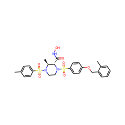 Cc1ccc(S(=O)(=O)N2CCN(S(=O)(=O)c3ccc(OCc4ccccc4C)cc3)[C@@H](C(=O)NO)[C@@H]2C)cc1 ZINC000026958258