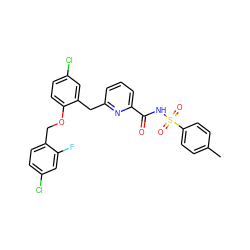 Cc1ccc(S(=O)(=O)NC(=O)c2cccc(Cc3cc(Cl)ccc3OCc3ccc(Cl)cc3F)n2)cc1 ZINC000095594210