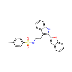 Cc1ccc(S(=O)(=O)NCCc2c(-c3cc4ccccc4o3)[nH]c3ccccc23)cc1 ZINC000014978405