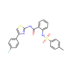 Cc1ccc(S(=O)(=O)Nc2ccccc2C(=O)Nc2nc(-c3ccc(F)cc3)cs2)cc1 ZINC000008686971