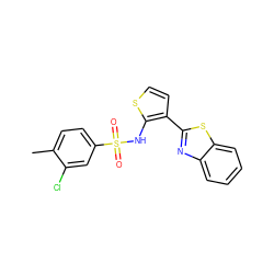 Cc1ccc(S(=O)(=O)Nc2sccc2-c2nc3ccccc3s2)cc1Cl ZINC000043122467