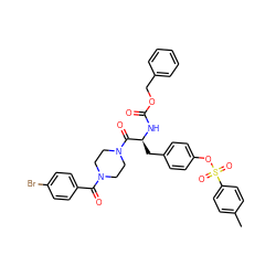 Cc1ccc(S(=O)(=O)Oc2ccc(C[C@H](NC(=O)OCc3ccccc3)C(=O)N3CCN(C(=O)c4ccc(Br)cc4)CC3)cc2)cc1 ZINC000028979194