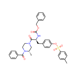 Cc1ccc(S(=O)(=O)Oc2ccc(C[C@H](NC(=O)OCc3ccccc3)C(=O)N3CCN(C(=O)c4ccccc4)[C@@H](C)C3)cc2)cc1 ZINC000028979073