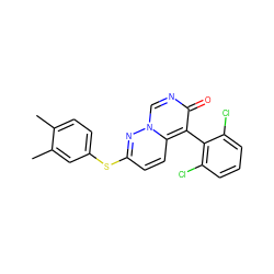 Cc1ccc(Sc2ccc3c(-c4c(Cl)cccc4Cl)c(=O)ncn3n2)cc1C ZINC000013864341