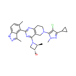Cc1ccc2[nH]nc(C)c2c1-c1nc2c(c(N3C[C@@H](O)[C@@H]3C)n1)CN(c1c(Cl)c(C3CC3)nn1C)CC2 ZINC000149151379