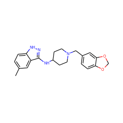Cc1ccc2[nH]nc(NC3CCN(Cc4ccc5c(c4)OCO5)CC3)c2c1 ZINC000028529553