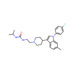 Cc1ccc2c(C3CCN(CCNC(=O)NC(C)C)CC3)cn(-c3ccc(F)cc3)c2c1 ZINC000013731213