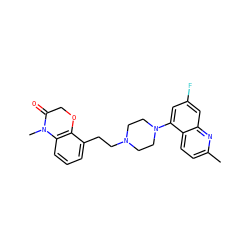 Cc1ccc2c(N3CCN(CCc4cccc5c4OCC(=O)N5C)CC3)cc(F)cc2n1 ZINC000040892224