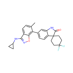 Cc1ccc2c(NC3CC3)noc2c1-c1ccc2c(c1)NC(=O)C21CCC(F)(F)CC1 ZINC000073161500