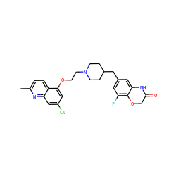 Cc1ccc2c(OCCN3CCC(Cc4cc(F)c5c(c4)NC(=O)CO5)CC3)cc(Cl)cc2n1 ZINC000028887302
