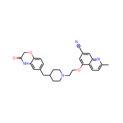 Cc1ccc2c(OCCN3CCC(Cc4ccc5c(c4)NC(=O)CO5)CC3)cc(C#N)cc2n1 ZINC000028887210