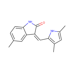 Cc1ccc2c(c1)/C(=C/c1[nH]c(C)cc1C)C(=O)N2 ZINC000013780170