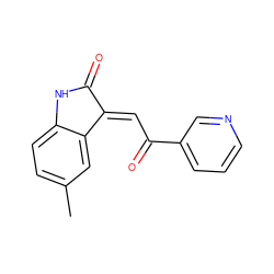 Cc1ccc2c(c1)/C(=C\C(=O)c1cccnc1)C(=O)N2 ZINC000071341455