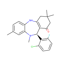 Cc1ccc2c(c1)N(C)[C@H](c1c(F)cccc1Cl)C1=C(CC(C)(C)CC1=O)N2 ZINC000043025697