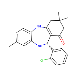 Cc1ccc2c(c1)N[C@@H](c1ccccc1Cl)C1=C(CC(C)(C)CC1=O)N2 ZINC000000672446