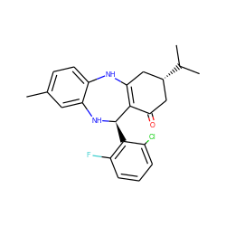 Cc1ccc2c(c1)N[C@H](c1c(F)cccc1Cl)C1=C(C[C@H](C(C)C)CC1=O)N2 ZINC000043065773