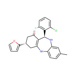 Cc1ccc2c(c1)N[C@H](c1c(F)cccc1Cl)C1=C(C[C@H](c3ccco3)CC1=O)N2 ZINC000043060095