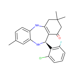 Cc1ccc2c(c1)N[C@H](c1c(F)cccc1Cl)C1=C(CC(C)(C)CC1=O)N2 ZINC000005218485