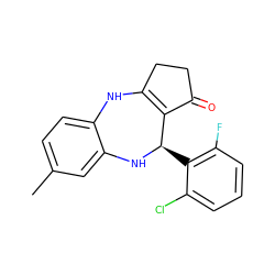 Cc1ccc2c(c1)N[C@H](c1c(F)cccc1Cl)C1=C(CCC1=O)N2 ZINC000043015770