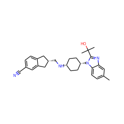 Cc1ccc2c(c1)nc(C(C)(C)O)n2[C@H]1CC[C@@H](NC[C@H]2Cc3ccc(C#N)cc3C2)CC1 ZINC000103143664