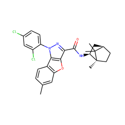 Cc1ccc2c(c1)oc1c(C(=O)N[C@H]3C[C@H]4CC[C@]3(C)C4(C)C)nn(-c3ccc(Cl)cc3Cl)c12 ZINC000169348775