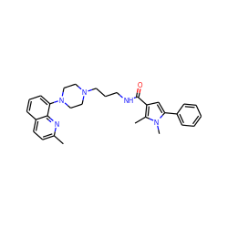 Cc1ccc2cccc(N3CCN(CCCNC(=O)c4cc(-c5ccccc5)n(C)c4C)CC3)c2n1 ZINC000058541034