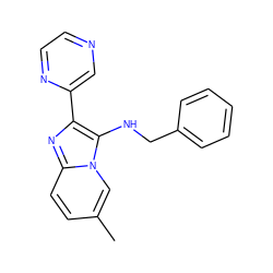 Cc1ccc2nc(-c3cnccn3)c(NCc3ccccc3)n2c1 ZINC001772601259