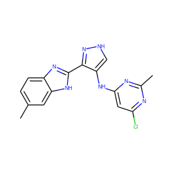 Cc1ccc2nc(-c3n[nH]cc3Nc3cc(Cl)nc(C)n3)[nH]c2c1 ZINC000096271630