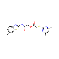 Cc1ccc2nc(NC(=O)COC(=O)CSc3nc(C)cc(C)n3)sc2c1 ZINC000000716308